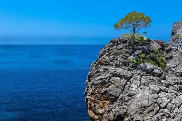 The deep blue water of sa calobra mallorca cove below cliffs