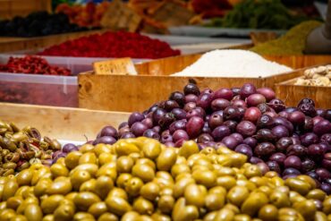 Fresh produce stalls at the Santanyi market in Mallorca