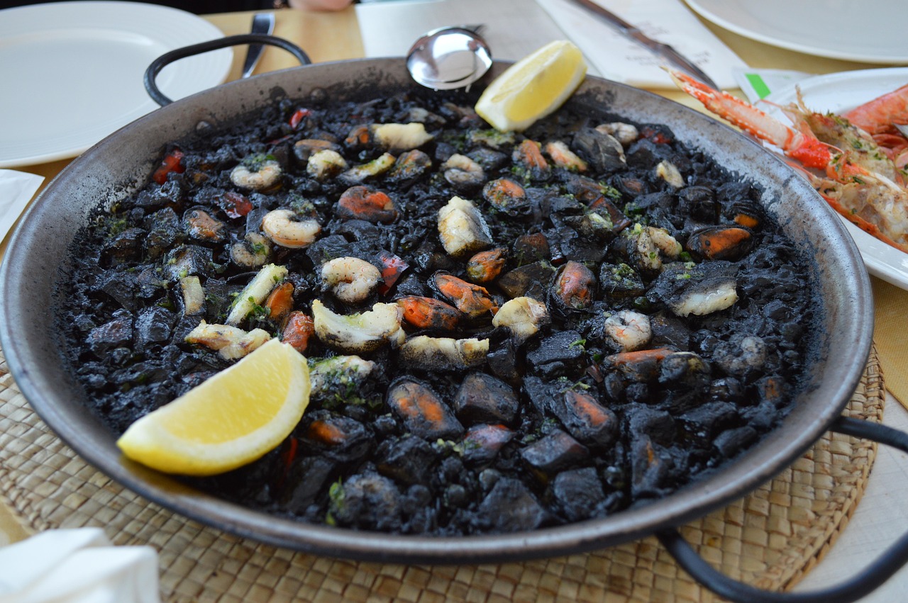 A plate of seafood paella at a local restaurant in Santanyi