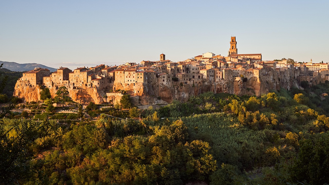 Village square in Saturnia region of Tuscany Italy at dusk