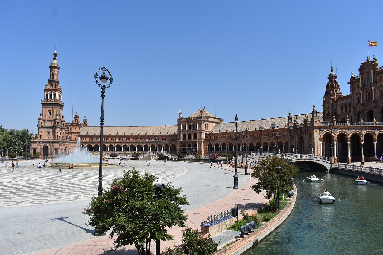 Wide angle shot of Seville Plaza de España in late afternoon